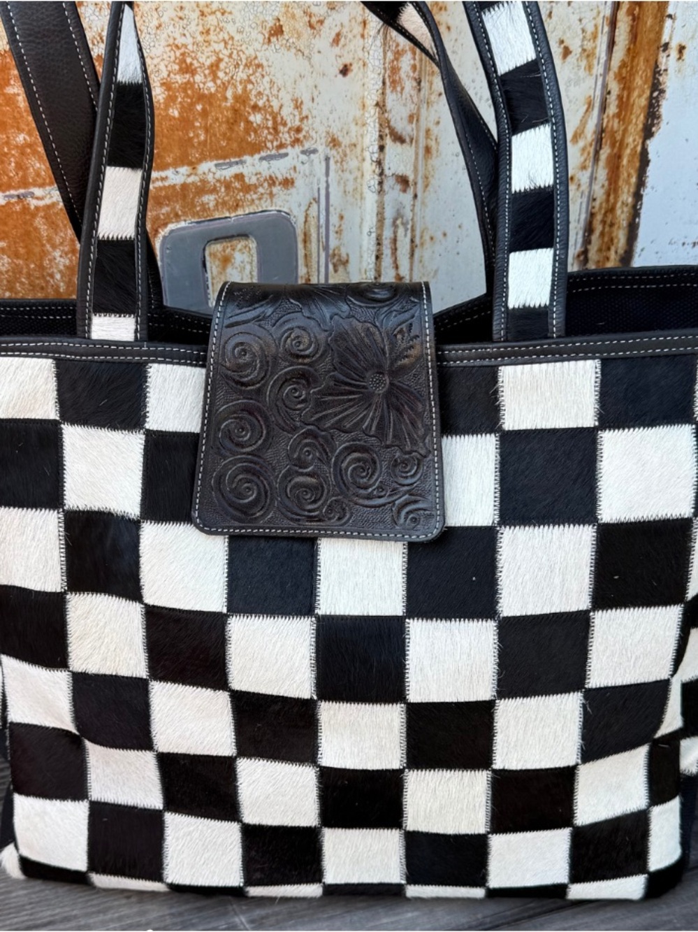 Black and White Checker Tote Bag with Embossed Flap